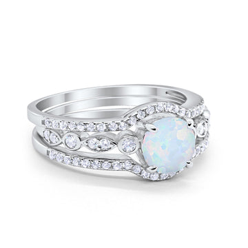 Trio Set Three Piece Wedding Ring Round Lab White Opal 925 Sterling Silver